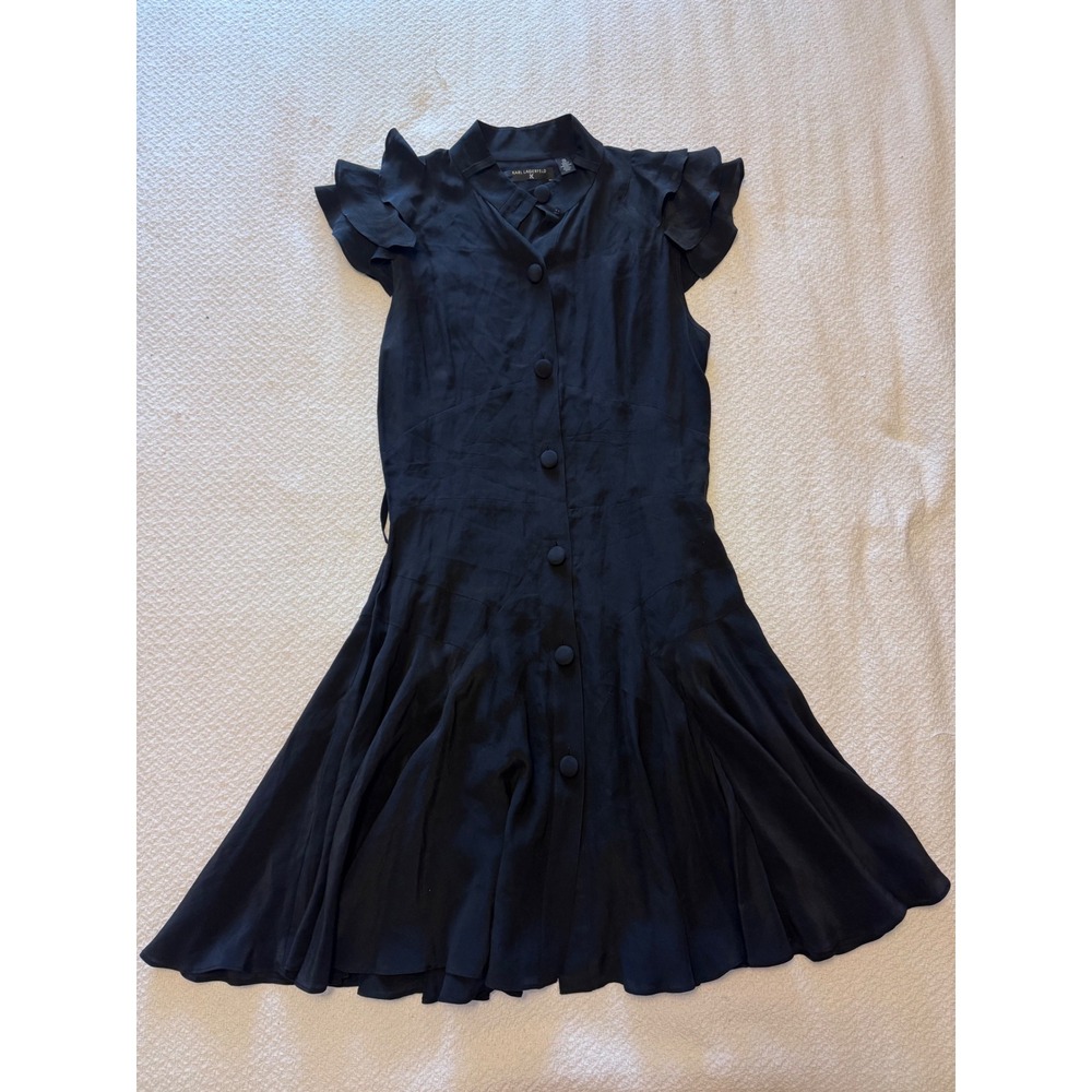 Karl Lagerfeld K Black Ruffle Sleeve Button Front Pleated Skirt Dress Sz 40 S/P